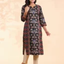 Black Animal Print Straight Cotton Stitched Kurta 3