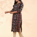 Black Animal Print Straight Cotton Stitched Kurta 4