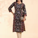 Black Animal Print Straight Cotton Stitched Kurta 7