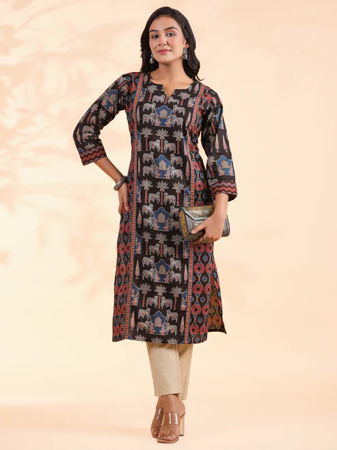 Black Animal Print Straight Cotton Stitched Kurta 7 Black Animal Print Straight Cotton Stitched Kurta 7