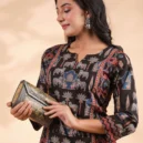 Black Animal Print Straight Cotton Stitched Kurta 8