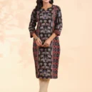 Black Animal Print Straight Cotton Stitched Kurta1