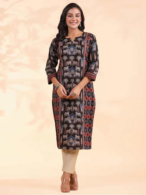 Black Animal Print Straight Cotton Stitched Kurta1 Black Animal Print Straight Cotton Stitched Kurta1