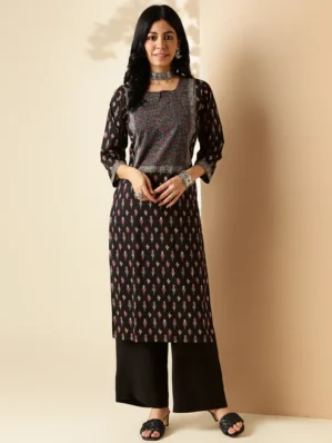 Black Kalamkari Print Straight Cotton Kurta