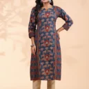 Blue Animal Print Straight Cotton Stitched Kurta 1