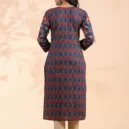 Blue Animal Print Straight Cotton Stitched Kurta 2