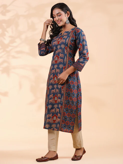 Blue Animal Print Straight Cotton Stitched Kurta 4 Blue Animal Print Straight Cotton Stitched Kurta 4