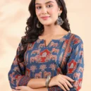 Blue Animal Print Straight Cotton Stitched Kurta 5