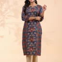 Blue Animal Print Straight Cotton Stitched Kurta 6