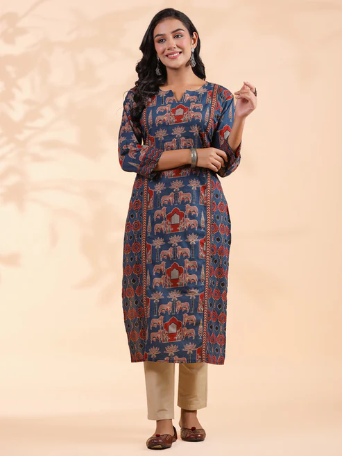 Blue Animal Print Straight Cotton Stitched Kurta 6 Blue Animal Print Straight Cotton Stitched Kurta 6