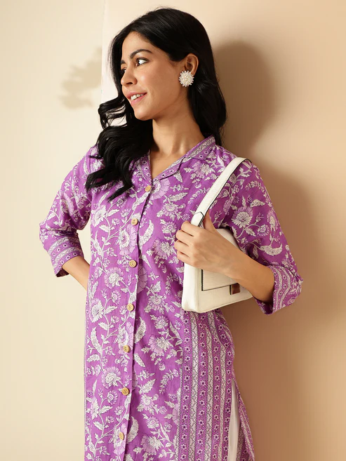 Lavender Floral Print Straight Cotton Kurta Lavender Floral Print Straight Cotton Kurta