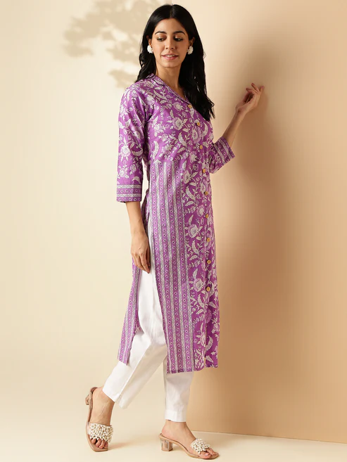 Lavender Floral Print Straight Cotton Kurta3 Lavender Floral Print Straight Cotton Kurta3