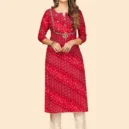 Red Bandhani Embroidered Straight Cotton Kurta1