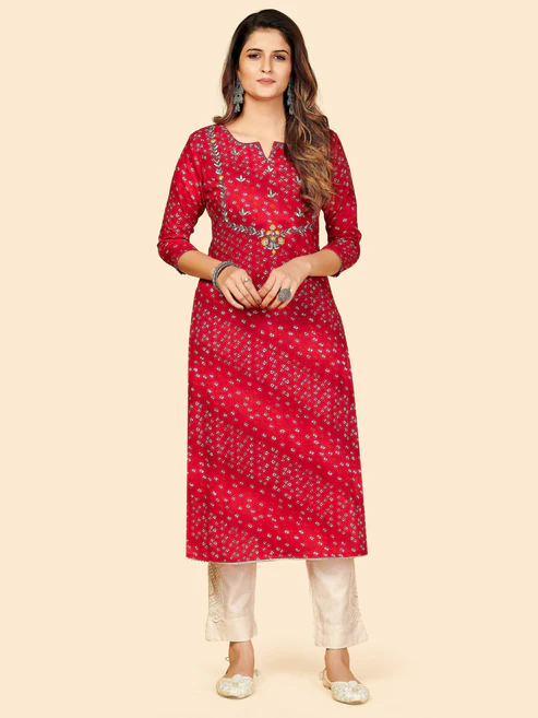 Red Bandhani Embroidered Straight Cotton Kurta1 Red Bandhani Embroidered Straight Cotton Kurta1