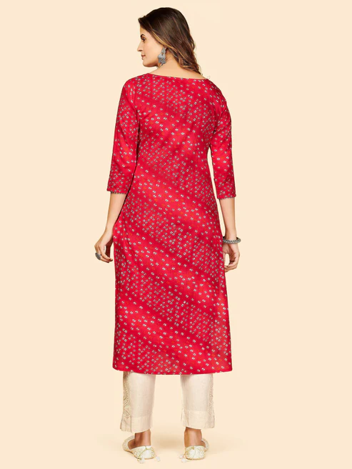 Red Bandhani Embroidered Straight Cotton Kurta2 Red Bandhani Embroidered Straight Cotton Kurta2