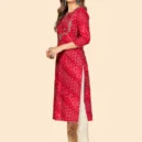 Red Bandhani Embroidered Straight Cotton Kurta3