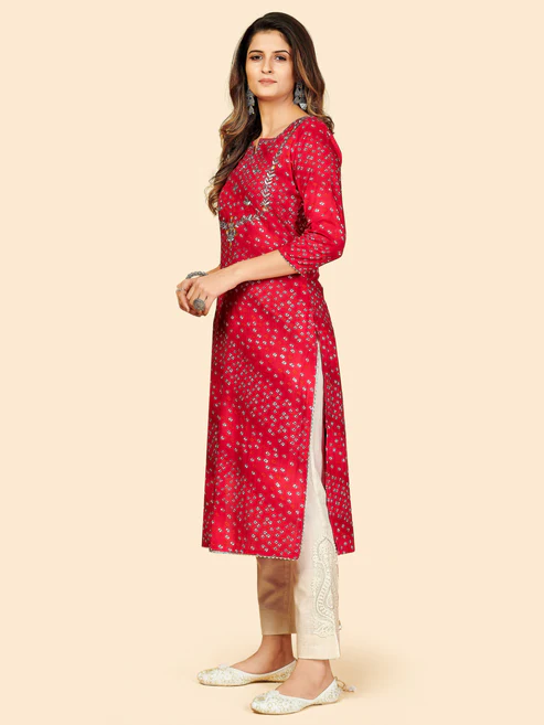 Red Bandhani Embroidered Straight Cotton Kurta3 Red Bandhani Embroidered Straight Cotton Kurta3