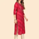 Red Bandhani Embroidered Straight Cotton Kurta4