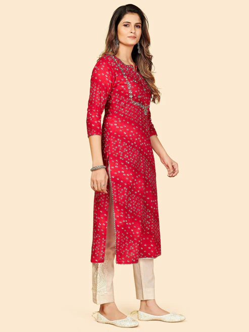 Red Bandhani Embroidered Straight Cotton Kurta4 Red Bandhani Embroidered Straight Cotton Kurta4