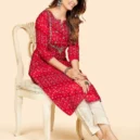 Red Bandhani Embroidered Straight Cotton Kurta5