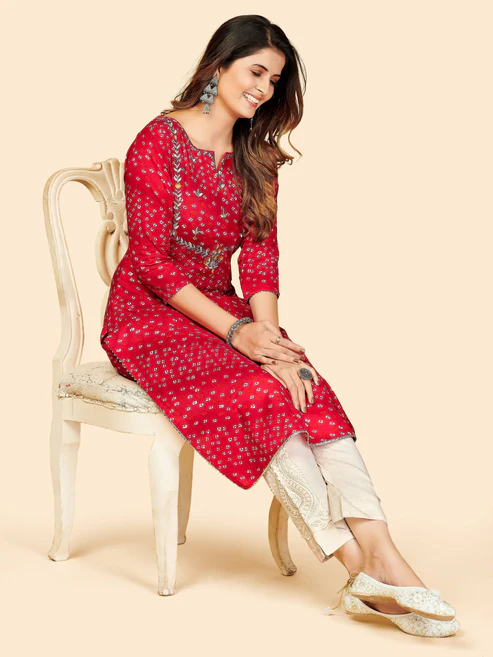 Red Bandhani Embroidered Straight Cotton Kurta5 Red Bandhani Embroidered Straight Cotton Kurta5