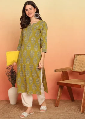 Yellow Floral Printed Straight Cotton Stitched Kurta