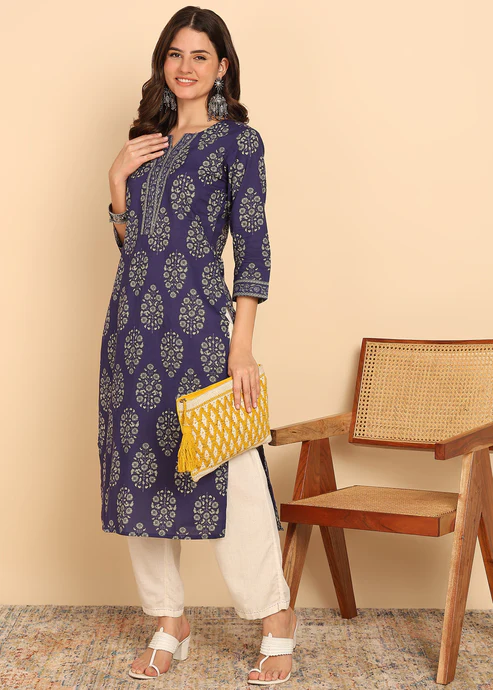 ndigo Blue Floral Printed Straight4 ndigo Blue Floral Printed Straight4