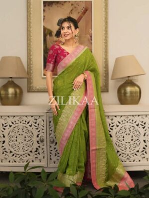 Banarasi soft silk - Green with red boarder