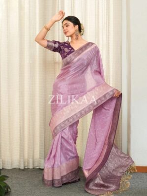 Banarasi soft silk - Light onion pink with grapes colour boarder
