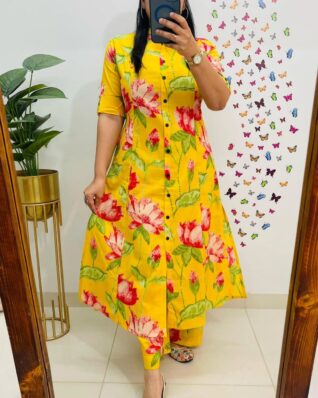 Greenish yellow with lotus print kurti Palazza
